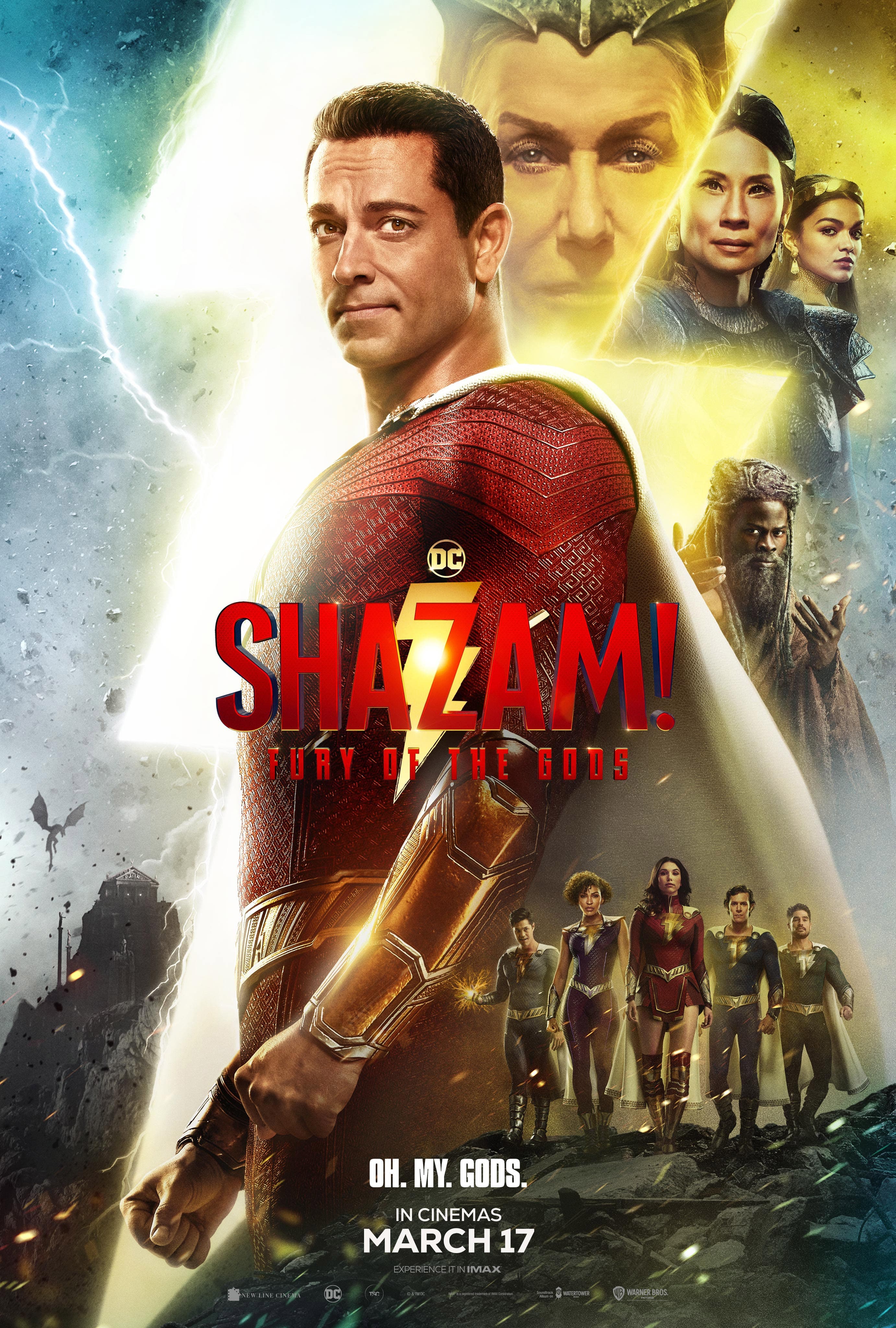 Helen Mirren, Djimon Hounsou, Lucy Liu, Adam Brody, Meagan Good, Rachel Zegler, Zachary Levi, D.J. Cotrona, Grace Caroline Currey, and Ross Butler in Shazam! Hněv bohů (2023)