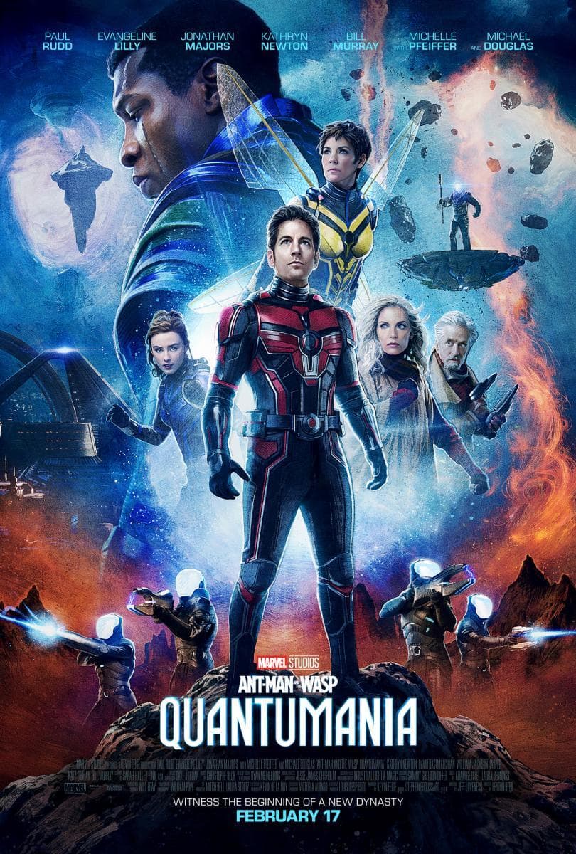Michael Douglas, Michelle Pfeiffer, Paul Rudd, Kathryn Newton, Evangeline Lilly, Jonathan Majors, and Jamie Andrew Cutler in Ant-Man and the Wasp: Quantumania (2023)